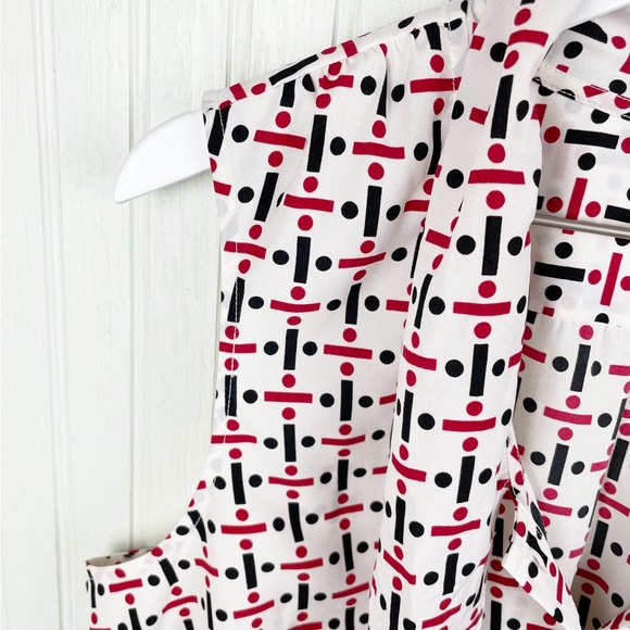 Talbots White Button Front Tie Neck Geometric Printed Blouse Women's Size 14 - Picture 5 of 9